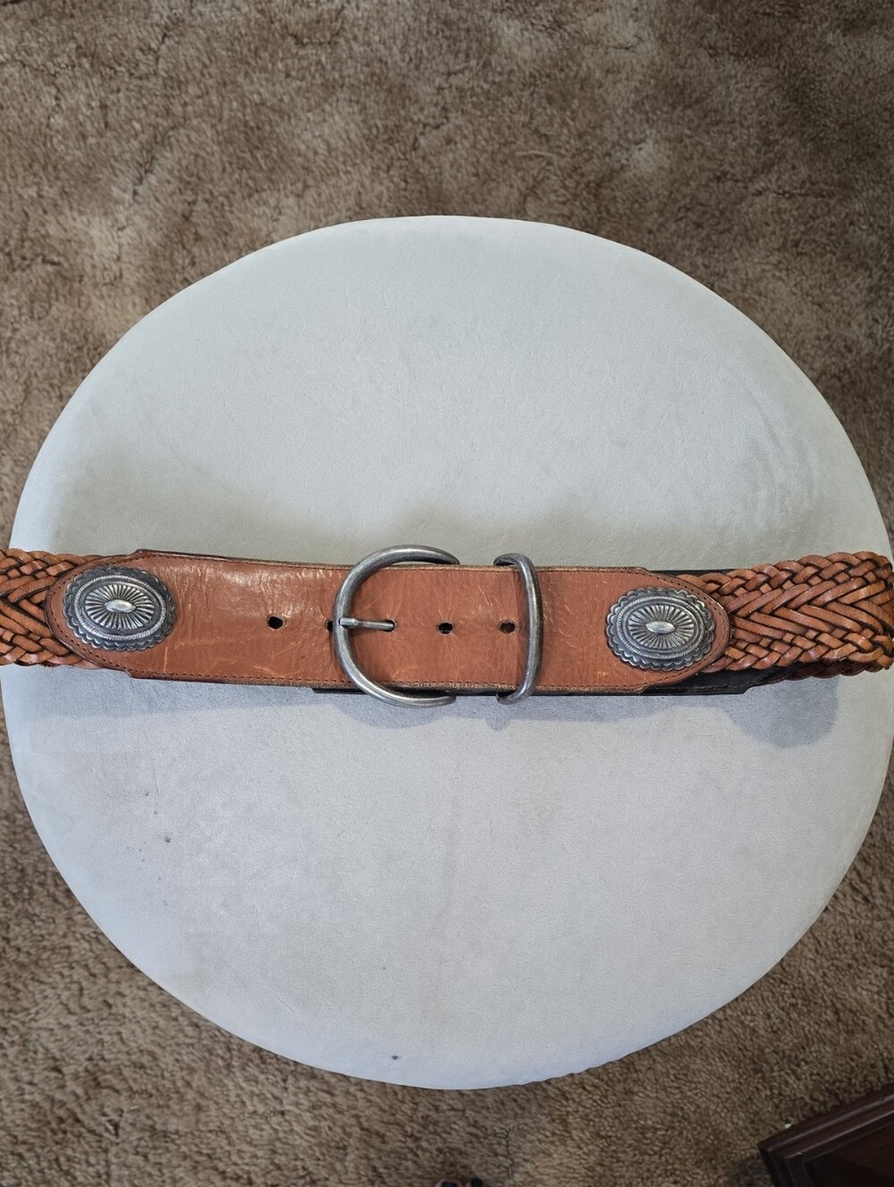 Vintage San Marcos Leather Braided Western Concho Belt Medium Brown Silver Boho